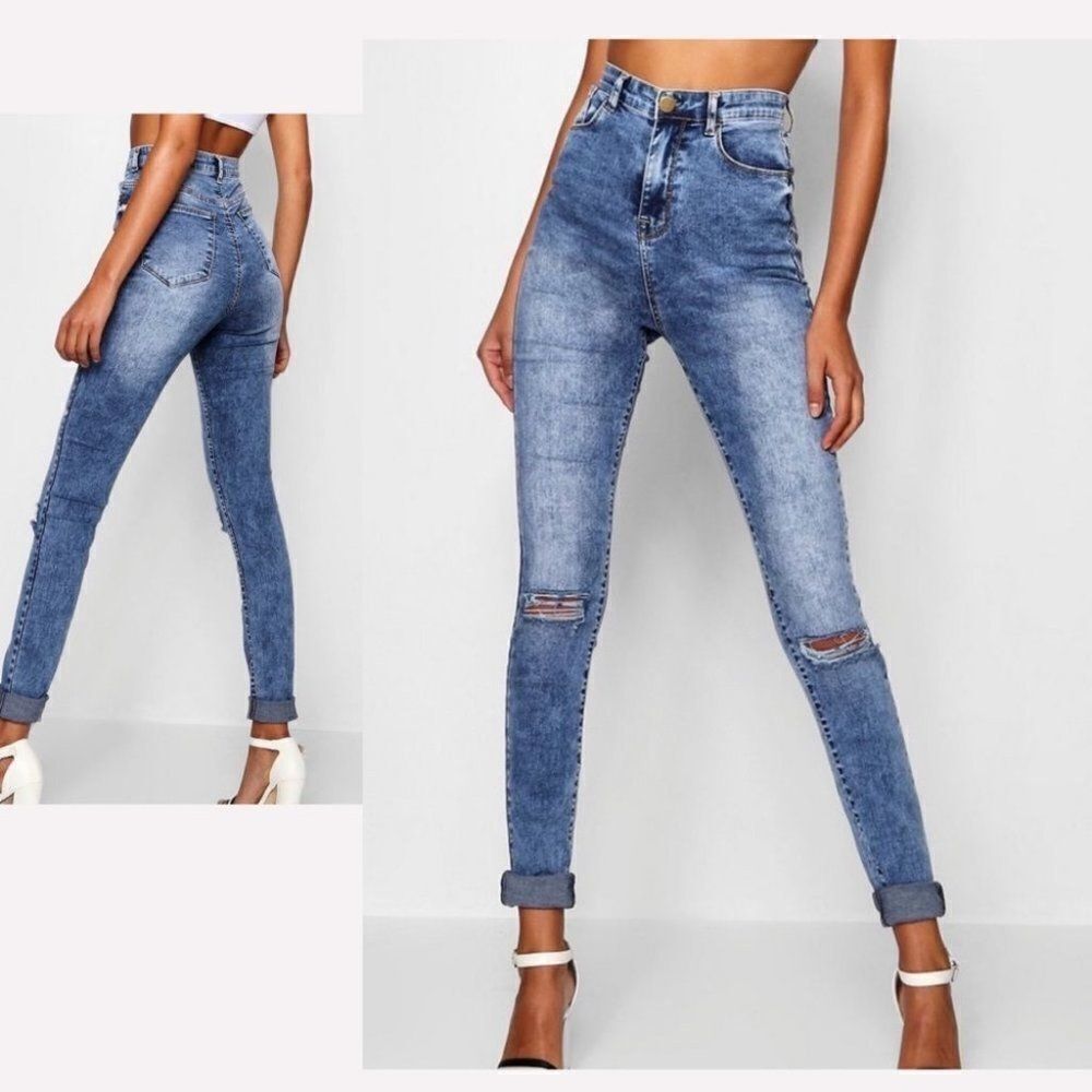 High Waist Distressed Jeans Tall 34” inseam Busted Long Pants Stretch Light wash
